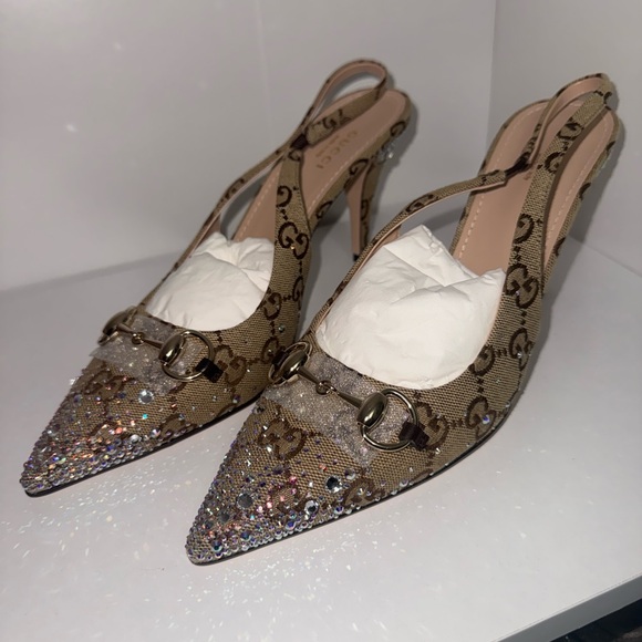 Gucci Women's Beige Rhinestone Slingback Heels - Picture 5 of 6